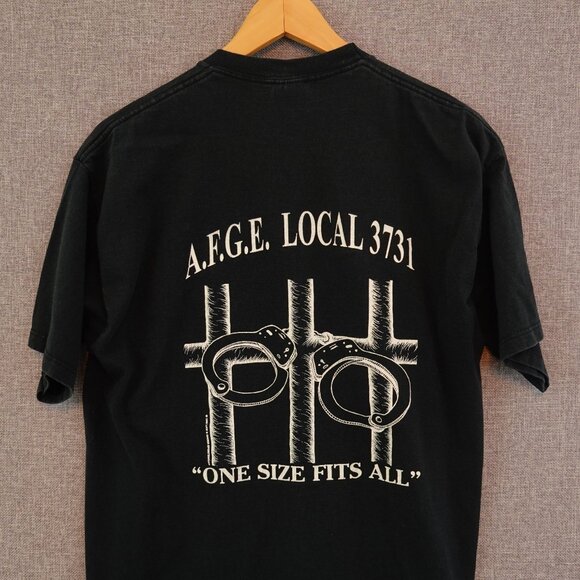 Vintage 90's Department of Justice Handcuffs T-Shirt Black L Made USA Cotton - Picture 1 of 7